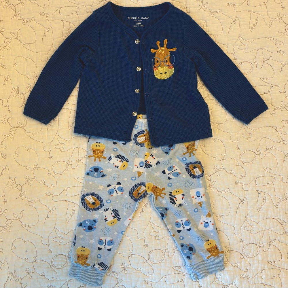 6M Baby Giraffe Cardigan & Zoo Animal Pants Two-Piece Blue Unisex Set Like New!